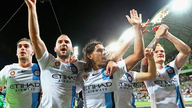 Melbourne City players celebrate their win over rivals Melbourne Victory.