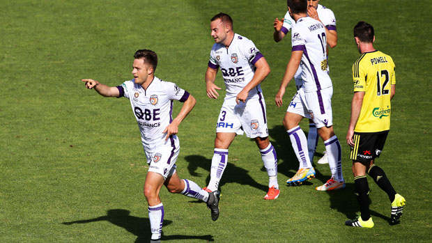 Chris Harold celebrates scoring for Perth Glory in their 1-0 win over Wellington.
